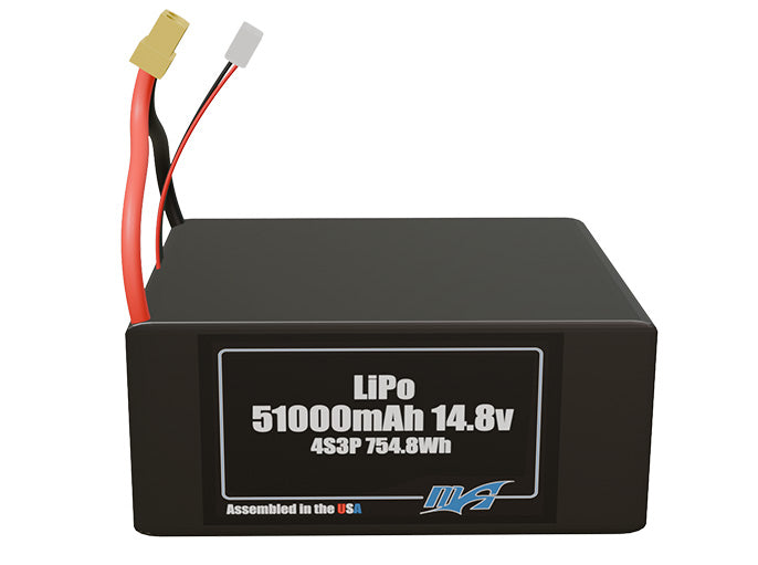 Front-facing render of the 14.8V 51000mAh 4S3P LiPo battery, assembled in the USA by maxamps, for drone and robotics applications.