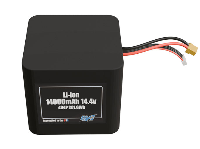Front-facing render of the 14.4V 14000mAh 4S4P Lithium-Ion battery, assembled in the USA by maxamps, for drone and robotics applications.