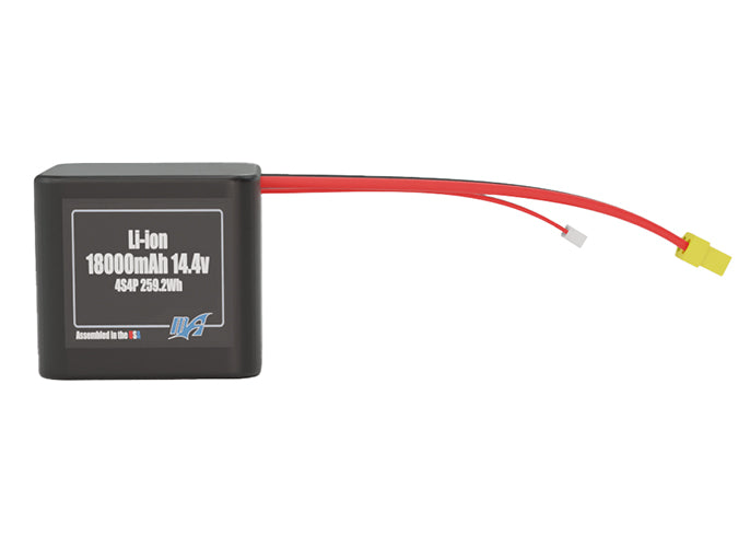 Front-facing render of the 14.4V 18000mAh 4S4P Lithium-Ion battery, assembled in the USA by maxamps, for drone and robotics applications.