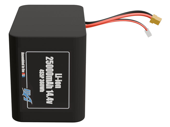 Front-facing render of the 14.4V 25000mAh 4S5P Lithium-Ion battery, assembled in the USA by maxamps, for drone and robotics applications.