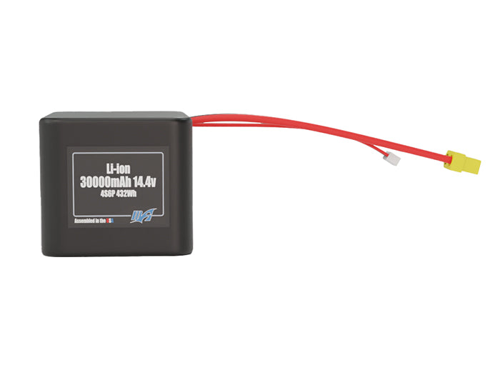 Front-facing render of the 14.4V 30000mAh 4S6P Lithium-Ion battery, assembled in the USA by maxamps, for drone and robotics applications.