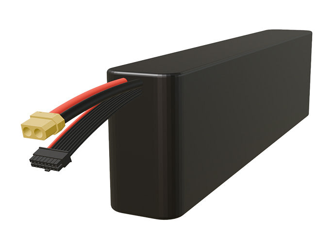 Side-angle render of a 50.4-volt 12000mAh lithium-ion battery, assembled in the USA for compact UAV, drone, and military robotics platforms.