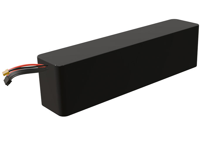 Side-angle render of a 50.4-volt 13500mAh lithium-ion battery, assembled in the USA for compact UAV, drone, and military robotics platforms.