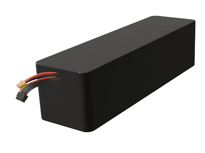 Side-angle render of a 50.4-volt 14000mAh lithium-ion battery, assembled in the USA for compact UAV, drone, and military robotics platforms.