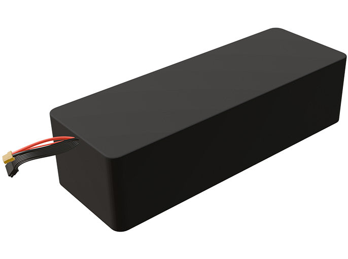 Side-angle render of a 50.4-volt 25000mAh lithium-ion battery, assembled in the USA for compact UAV, drone, and military robotics platforms.