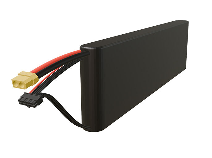 Side-angle render of a 50.4-volt 5000mAh lithium-ion battery, assembled in the USA for compact UAV, drone, and military robotics platforms.