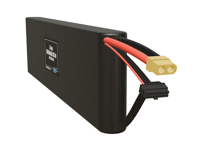 Side-angle render of a 50.4-volt 6000mAh lithium-ion battery, assembled in the USA for compact UAV, drone, and military robotics platforms.