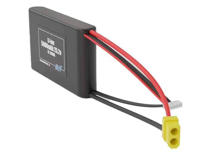 Angled product render of the 5000mAh seven-cell Li-ion pack. A lightweight energy source for UAV, drone, and robotic builds.