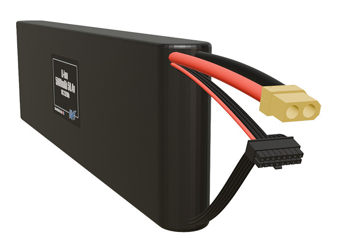 Angled product render of the 5000mAh fourteen-cell Li-ion pack. A lightweight energy source for UAV, drone, and robotic builds.