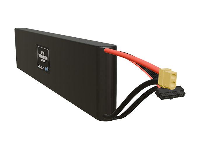Angled product render of the 5000mAh seventeen-cell Li-ion pack. A lightweight energy source for UAV, drone, and robotic builds.