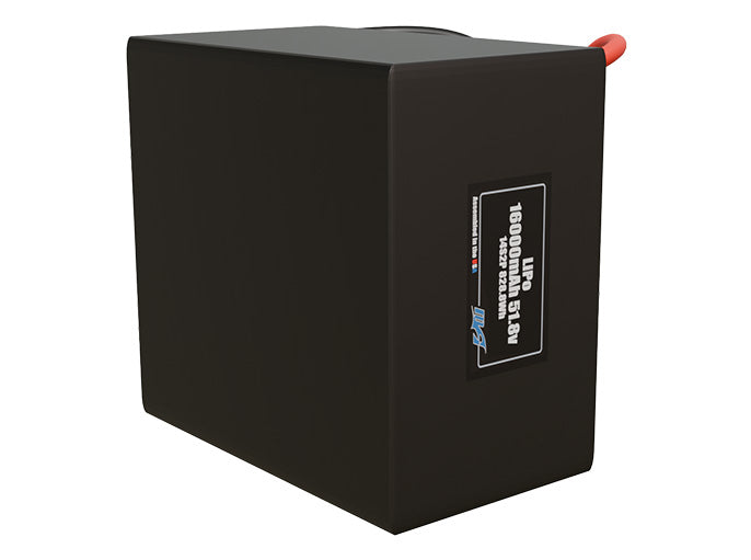 Side-angle render of a 51.8-volt 16000mAh lithium-polymer side-by-side battery, assembled in the USA for compact UAV, drone, and military robotics platforms.