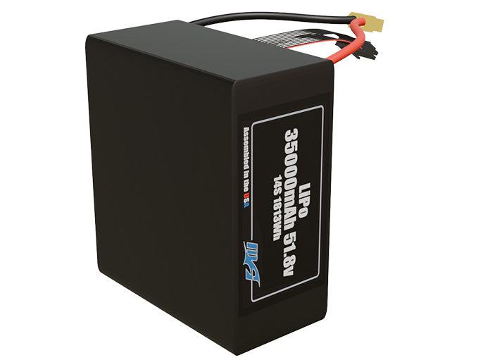 Side-angle render of a 51.8-volt 35000mAh lithium-polymer battery, assembled in the USA for compact UAV, drone, and military robotics platforms.