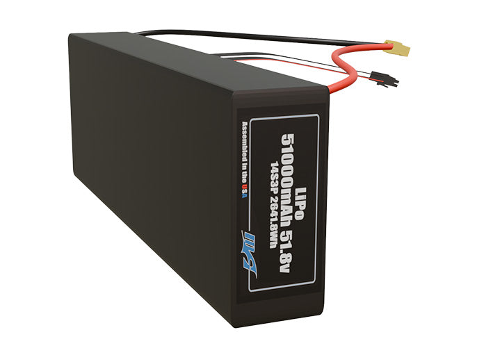Side-angle render of a 51.8-volt 51000mAh lithium-polymer battery, assembled in the USA for compact UAV, drone, and military robotics platforms.