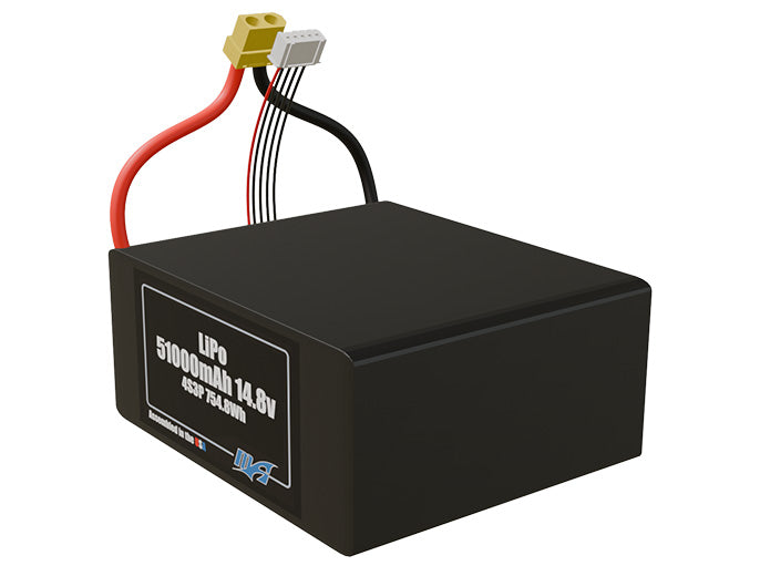 Angled product render of the 51000mAh 12-cell LiPo pack. A lightweight energy source for UAV, drone, and robotic builds.