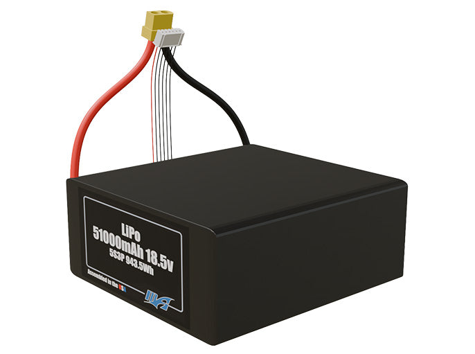Angled product render of the 51000mAh 15-cell LiPo pack. A lightweight energy source for UAV, drone, and robotic builds.