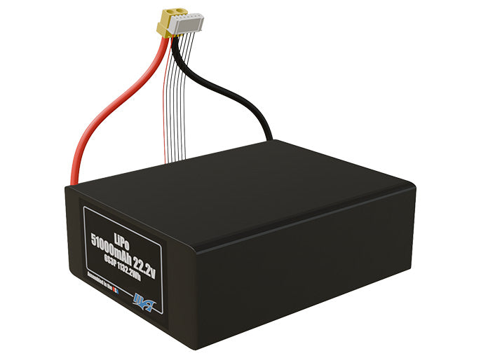 Angled product render of the 51000mAh 18-cell LiPo pack. A lightweight energy source for UAV, drone, and robotic builds.