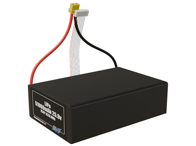 Angled product render of the 51000mAh 21-cell LiPo pack. A lightweight energy source for UAV, drone, and robotic builds.