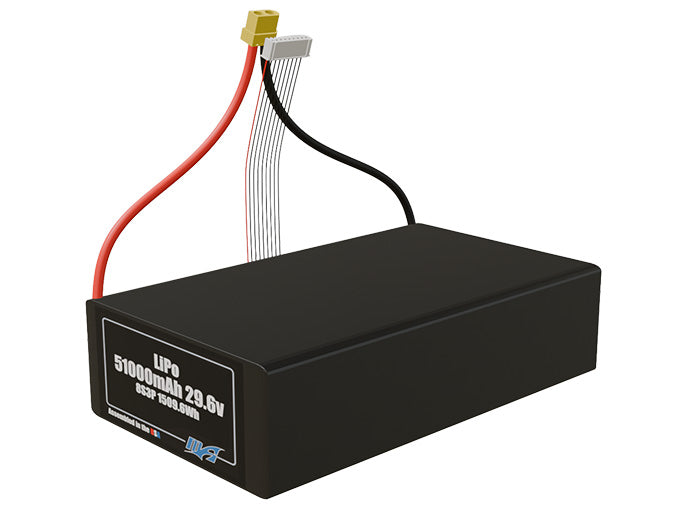 Angled product render of the 51000mAh 24-cell LiPo pack. A lightweight energy source for UAV, drone, and robotic builds.