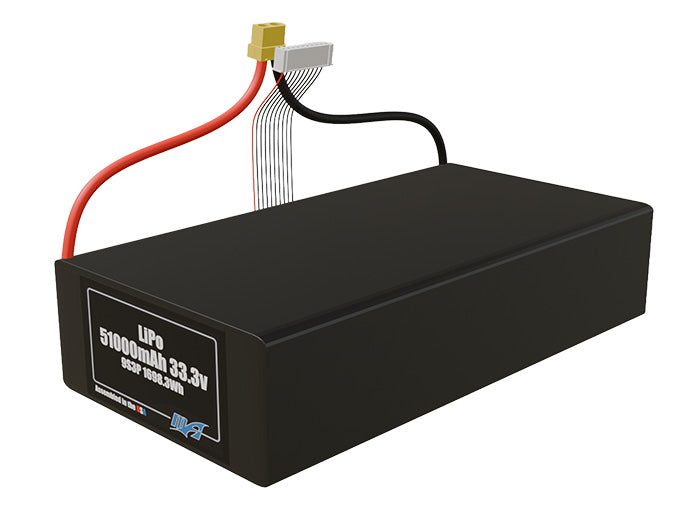 Angled product render of the 51000mAh 27-cell LiPo pack. A lightweight energy source for UAV, drone, and robotic builds.