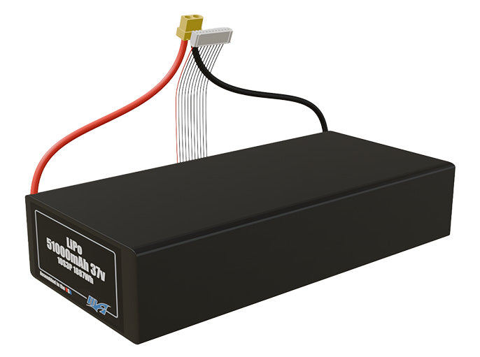 Angled product render of the 51000mAh 30-cell LiPo pack. A lightweight energy source for UAV, drone, and robotic builds.