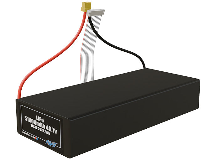 Angled product render of the 51000mAh 33-cell LiPo pack. A lightweight energy source for UAV, drone, and robotic builds.