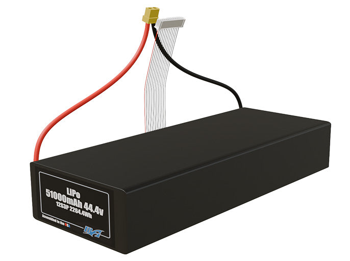 Angled product render of the 51000mAh 42-cell LiPo pack. A lightweight energy source for UAV, drone, and robotic builds.