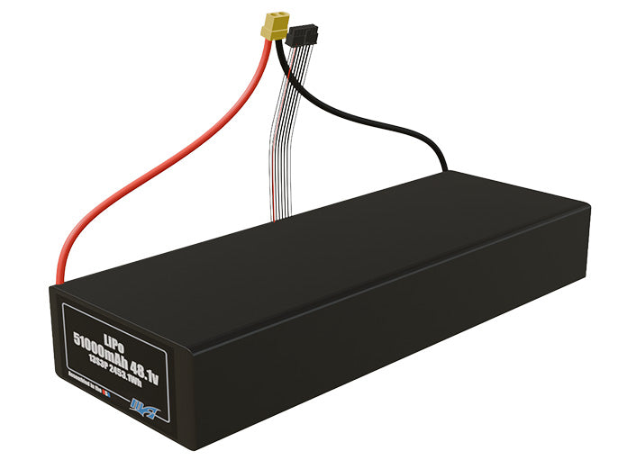 Angled product render of the 51000mAh 39-cell LiPo pack. A lightweight energy source for UAV, drone, and robotic builds.