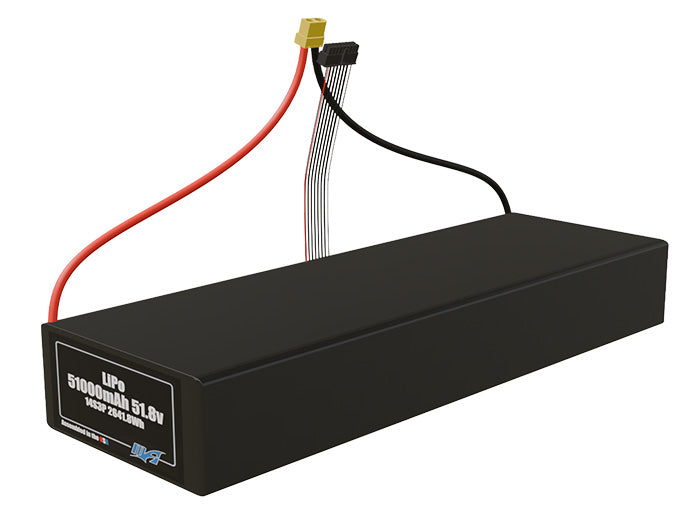 Angled product render of the 51000mAh 42-cell LiPo pack. A lightweight energy source for UAV, drone, and robotic builds.