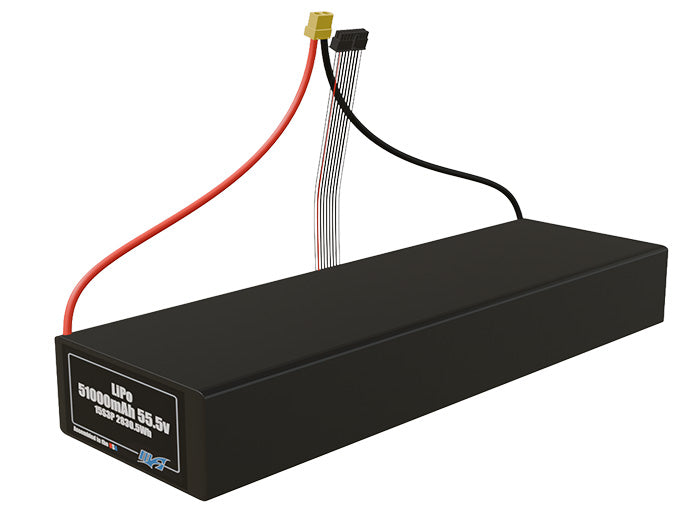 Angled product render of the 51000mAh 45-cell LiPo pack. A lightweight energy source for UAV, drone, and robotic builds.