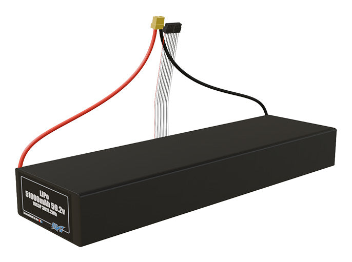 Angled product render of the 51000mAh 48-cell LiPo pack. A lightweight energy source for UAV, drone, and robotic builds.