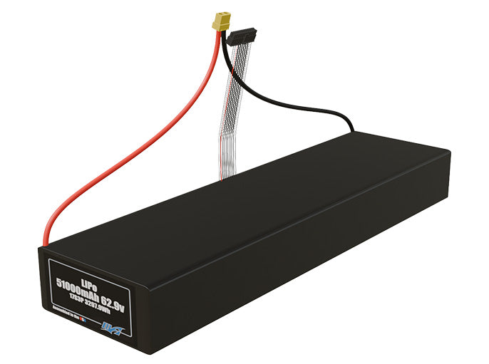 Angled product render of the 51000mAh 51-cell LiPo pack. A lightweight energy source for UAV, drone, and robotic builds.