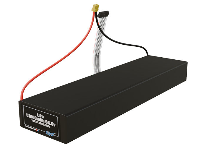 Angled product render of the 51000mAh 54-cell LiPo pack. A lightweight energy source for UAV, drone, and robotic builds.