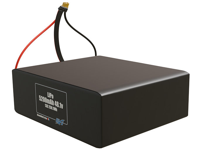 Angled product render of the 5200mAh thirteen-cell LiPo pack. A lightweight energy source for UAV, drone, and robotic builds.
