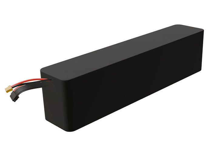 Side-angle render of a 54-volt 10500mAh lithium-ion battery, assembled in the USA for compact UAV, drone, and military robotics platforms.