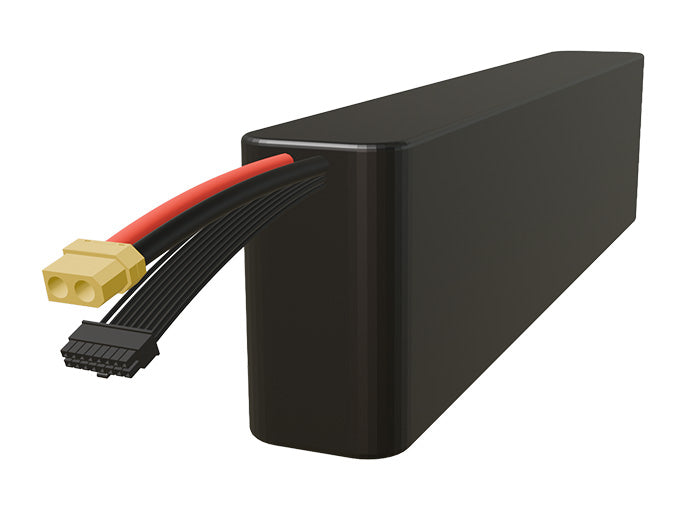 Side-angle render of a 54-volt 12000mAh lithium-ion battery, assembled in the USA for compact UAV, drone, and military robotics platforms.