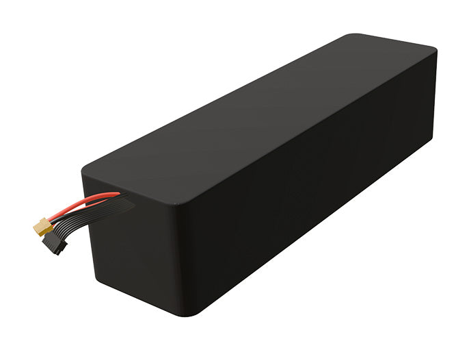 Side-angle render of a 54-volt 14000mAh lithium-ion battery, assembled in the USA for compact UAV, drone, and military robotics platforms.