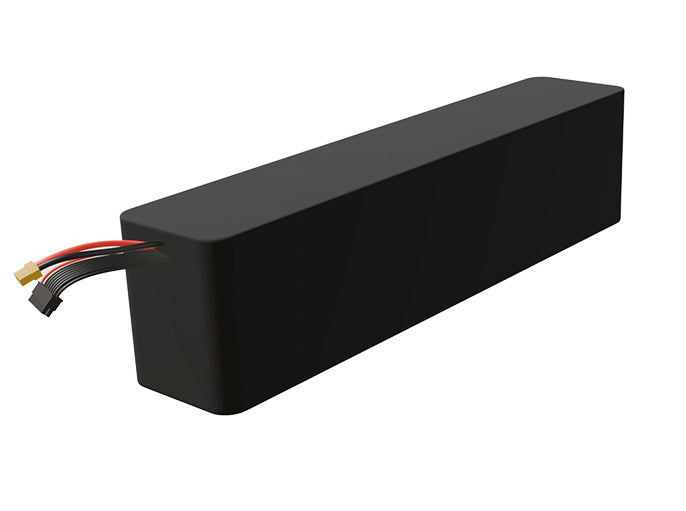 Side-angle render of a 54-volt 15000mAh lithium-ion battery, assembled in the USA for compact UAV, drone, and military robotics platforms.