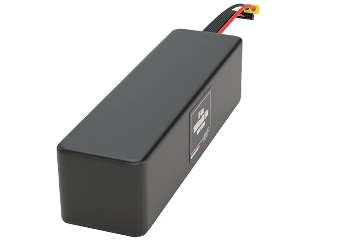 Side-angle render of a 54-volt 18000mAh lithium-ion battery, assembled in the USA for compact UAV, drone, and military robotics platforms.