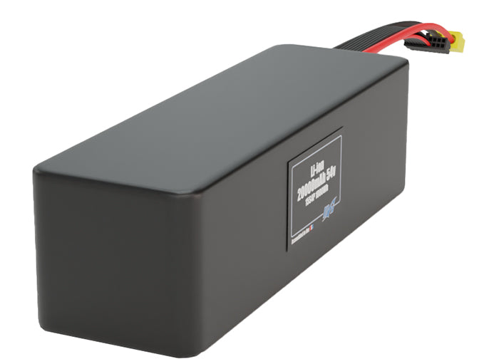 Side-angle render of a 54-volt 20000mAh lithium-ion battery, assembled in the USA for compact UAV, drone, and military robotics platforms.