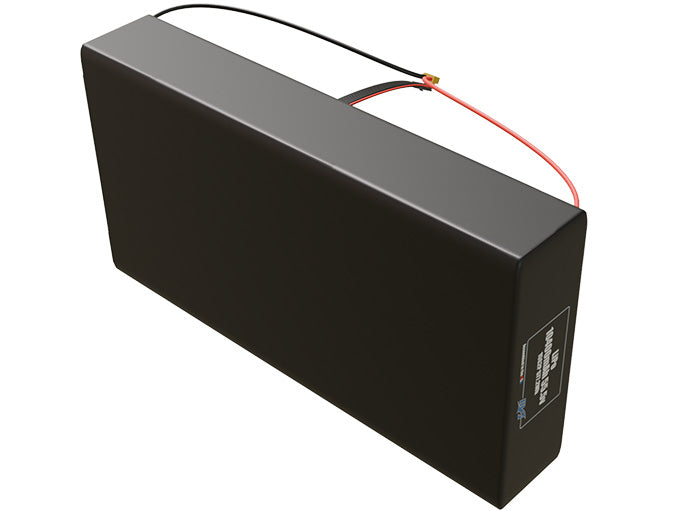 Side-angle render of a 55.5-volt 10400mAh lithium-polymer battery, assembled in the USA for compact UAV, drone, and military robotics platforms.