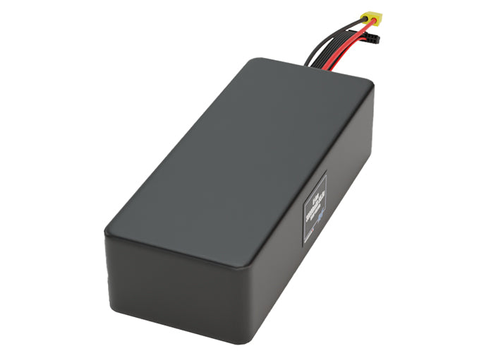 Side-angle render of a 55.5-volt 30000mAh lithium-ion battery, assembled in the USA for compact UAV, drone, and military robotics platforms.