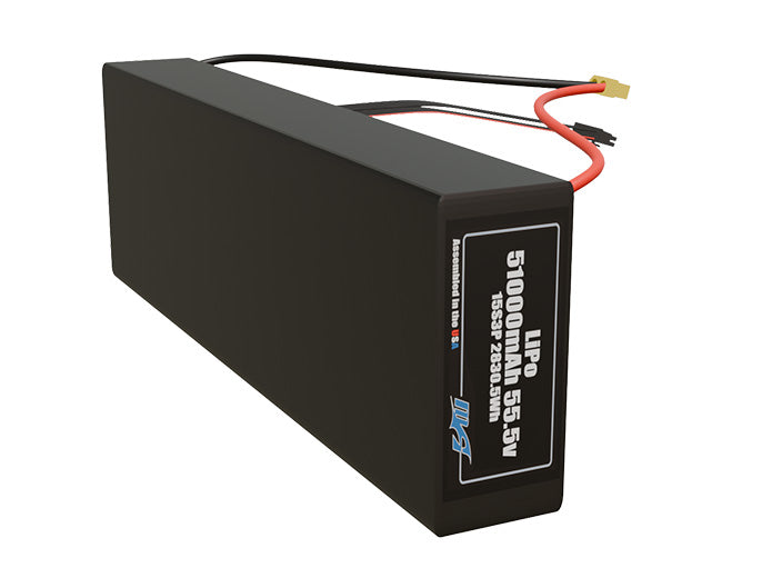 Side-angle render of a 55.5-volt 51000mAh lithium-polymer battery, assembled in the USA for compact UAV, drone, and military robotics platforms.