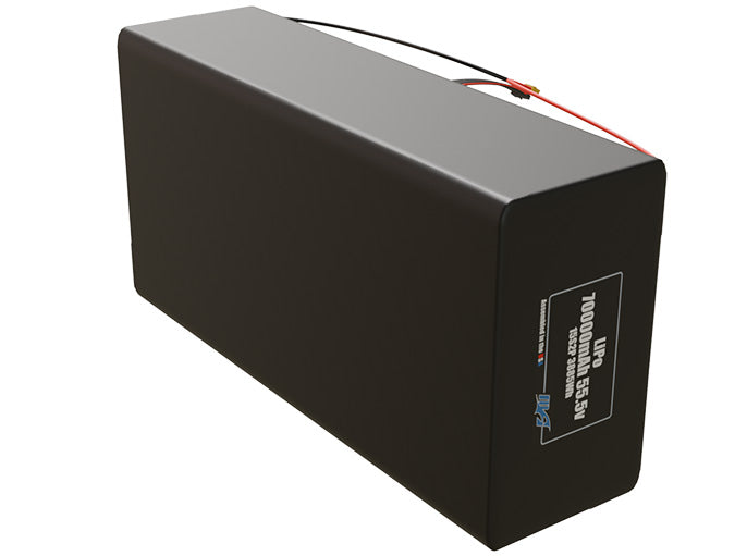 Side-angle render of a 55.5-volt 70000mAh lithium-polymer battery, assembled in the USA for compact UAV, drone, and military robotics platforms.
