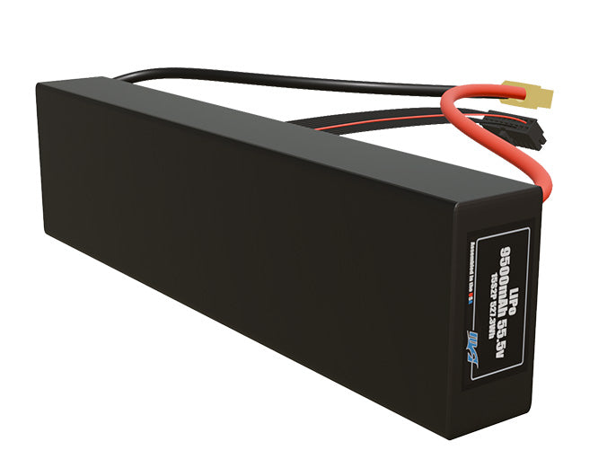 Side-angle render of a 55.5-volt 9500mAh lithium-polymer battery, assembled in the USA for compact UAV, drone, and military robotics platforms.