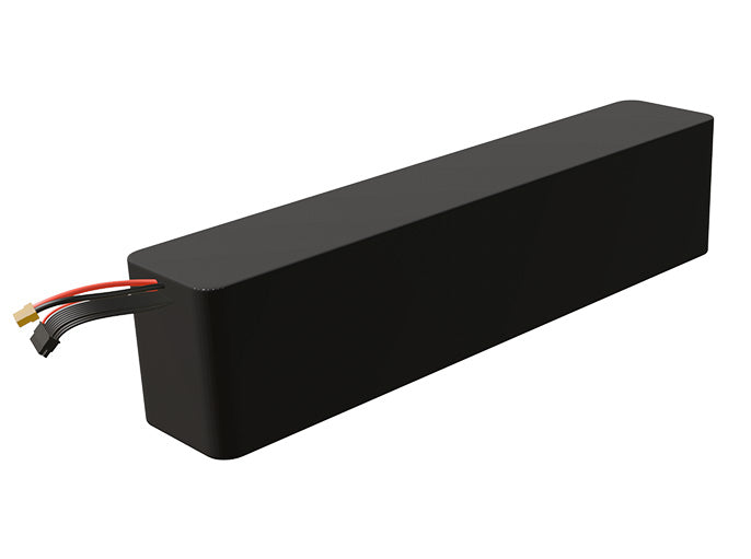 Side-angle render of a 57.6-volt 10500mAh lithium-ion battery, assembled in the USA for compact UAV, drone, and military robotics platforms.