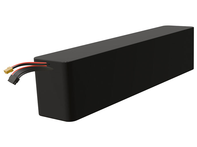 Side-angle render of a 57.6-volt 15000mAh lithium-ion battery, assembled in the USA for compact UAV, drone, and military robotics platforms.