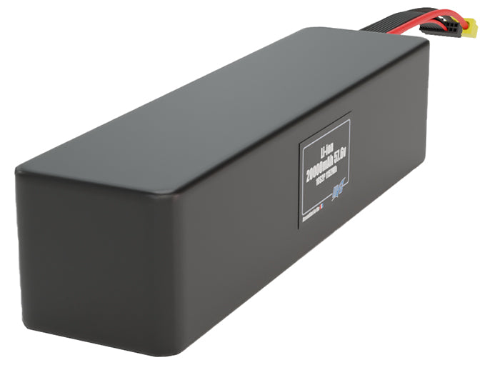 Side-angle render of a 57.6-volt 20000mAh lithium-ion battery, assembled in the USA for compact UAV, drone, and military robotics platforms.