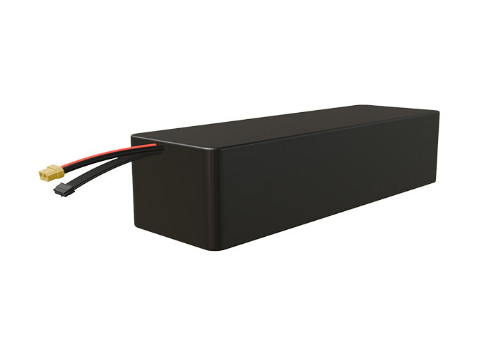 Side-angle render of a 57.6-volt 25000mAh lithium-ion battery, assembled in the USA for compact UAV, drone, and military robotics platforms.