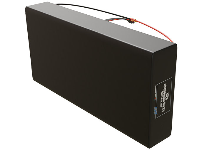 Side-angle render of a 59.2-volt 10400mAh lithium-polymer battery, assembled in the USA for compact UAV, drone, and military robotics platforms.