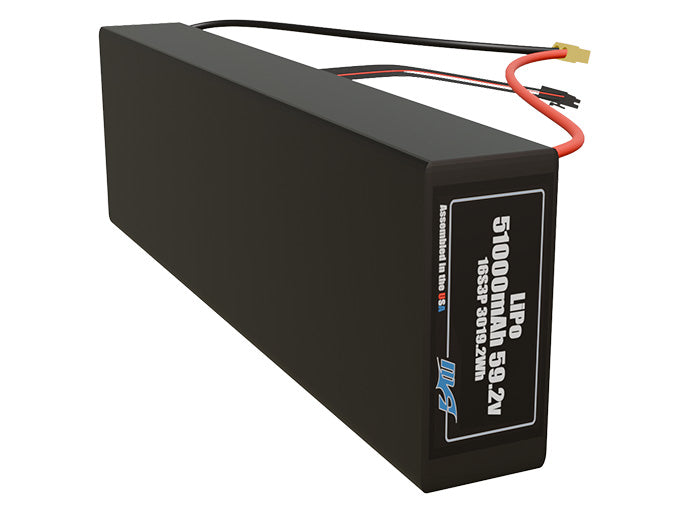 Side-angle render of a 59.2-volt 51000mAh lithium-polymer battery, assembled in the USA for compact UAV, drone, and military robotics platforms.
